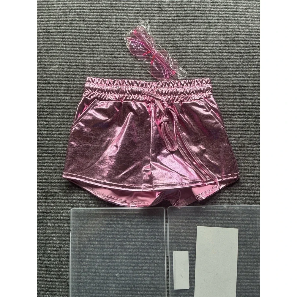Girls Metallic Shiny Sparkly Hot Pants Shorts & Heart Glasses Set Fun Pink 6-7 Y